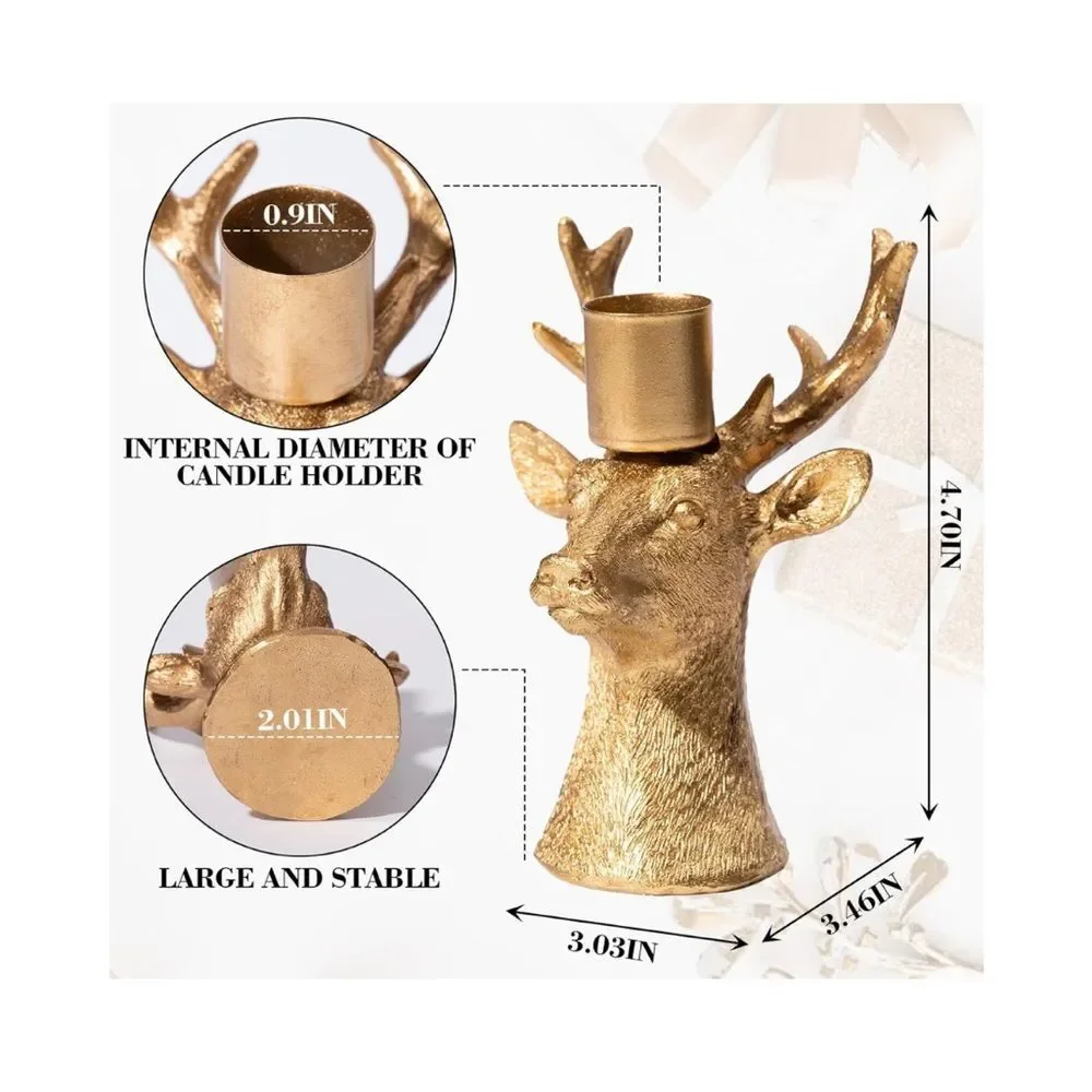 Set of 4 Candlestick Reindeer Candle Holders Brass Gold
